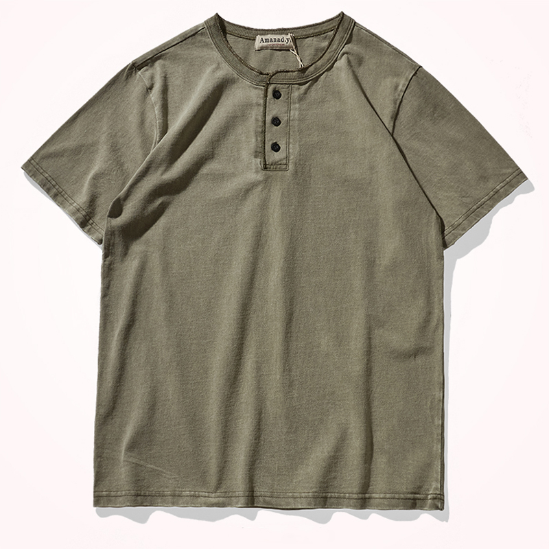 American Heavy Henley Collar Cotton Short Sleeve T-Shirt