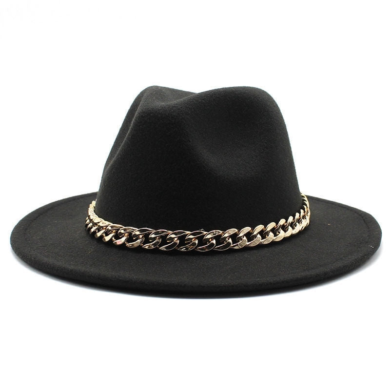 Chain Accessories Panama Hat Autumn And Winter  Jazz Woolen Hat Women's Fashion Big Brim Soft Felt Hat