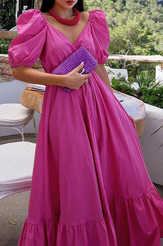 Vintage V-neck Swing Sundress Puff Sleeve Party Maxi Dress