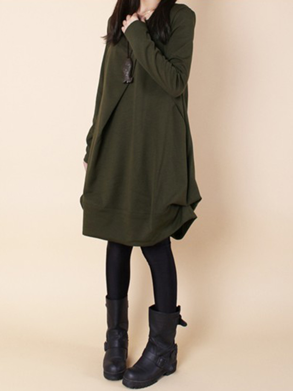 A-line Long Sleeves Pleated Solid Color Round-neck Dresses Maxi Dresses