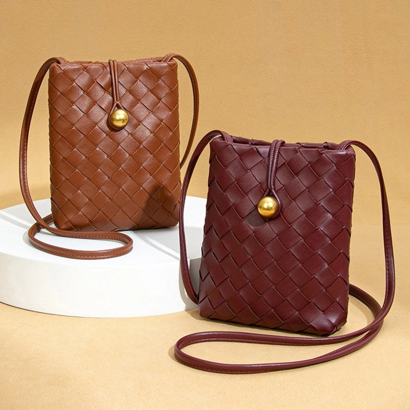 Women's Mini Pu Leather Solid Color Classic Style Weave Square Lock Clasp Shoulder Bag Crossbody Bag