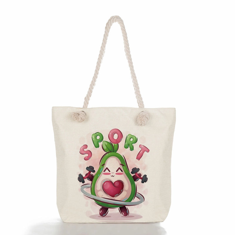 Women's Medium Linen Fruit Cute Classic Style Square Zipper Tote Bag Beach Bag