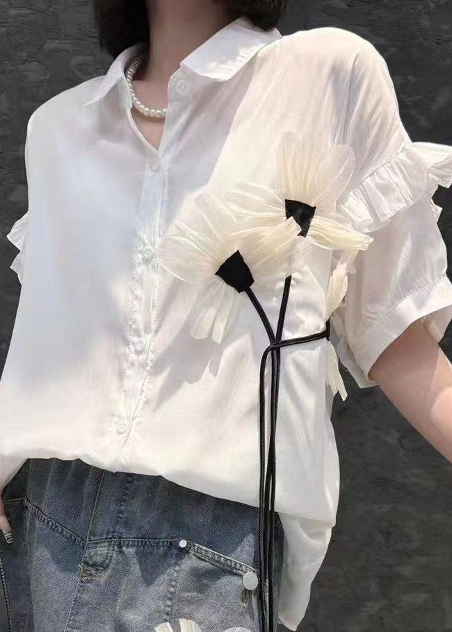 Modern White Peter Pan Collar Floral Shirts And Denim Skirts Two Pieces Set Short Sleeve Summer
