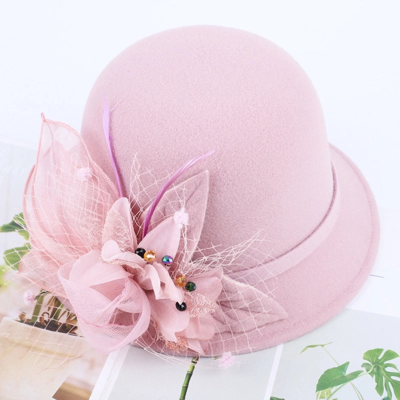 Women's Woolen Autumn And Winter New Dome Bowler Hat Female  Hepburn Style Yarn Flower Basin Hat Flat Brim Elegant Felt Hat