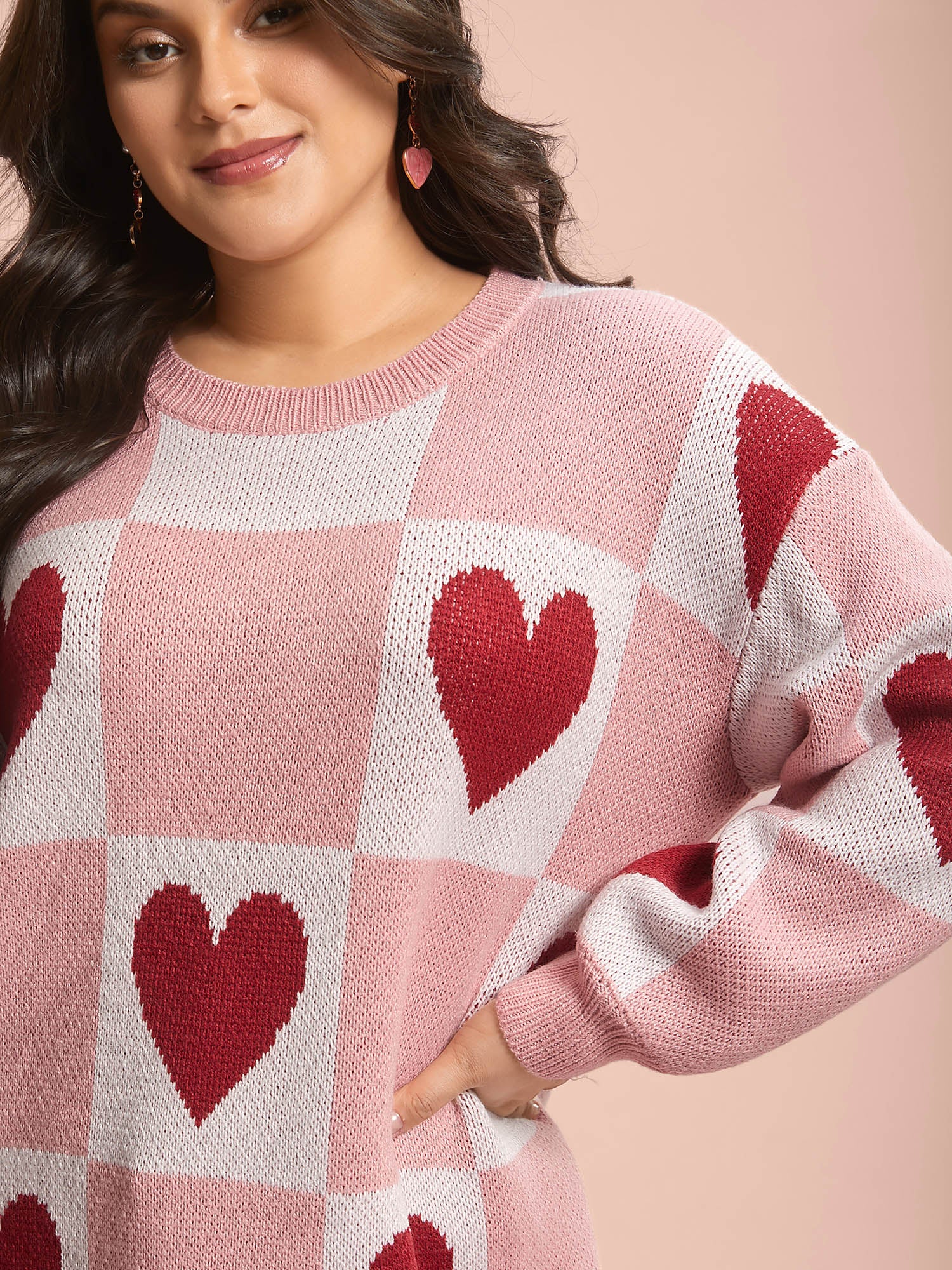 Checkered Hearts Jacquard Color-Contrast Pullover