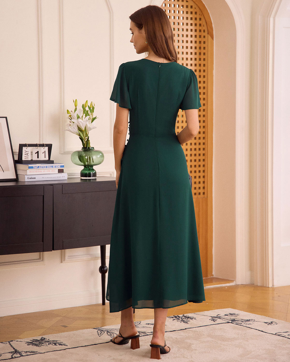 The Green V Neck Button Wrap Maxi Dress