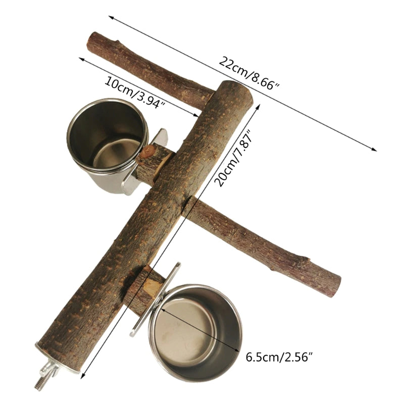 Bird Perch Tree Wood Stand With Stainless Steel Feeding Cups
