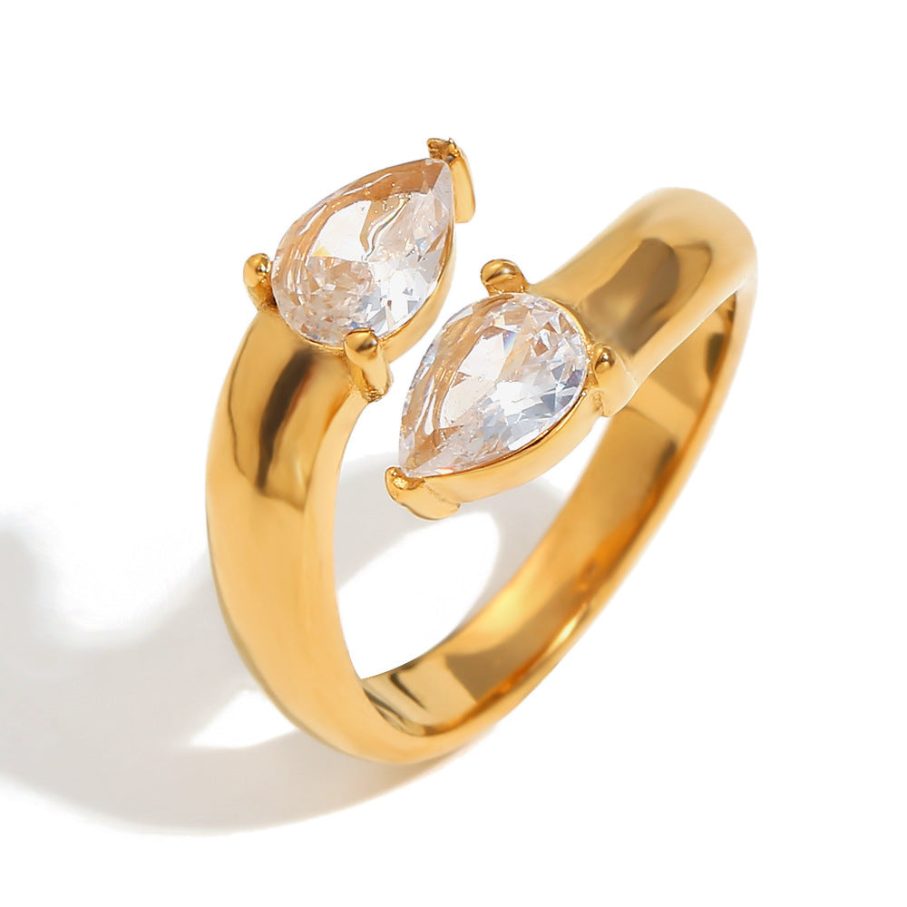 Niche Design White Diamond Flower Hand-Decorated Stainless Steel 18K Gold-Plated Conch Double-Layer Knotted Ring