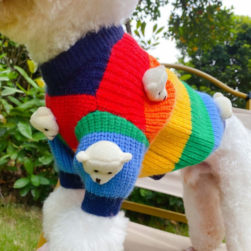 Bear Decor Multi-color Striped Dog Cat Sweater