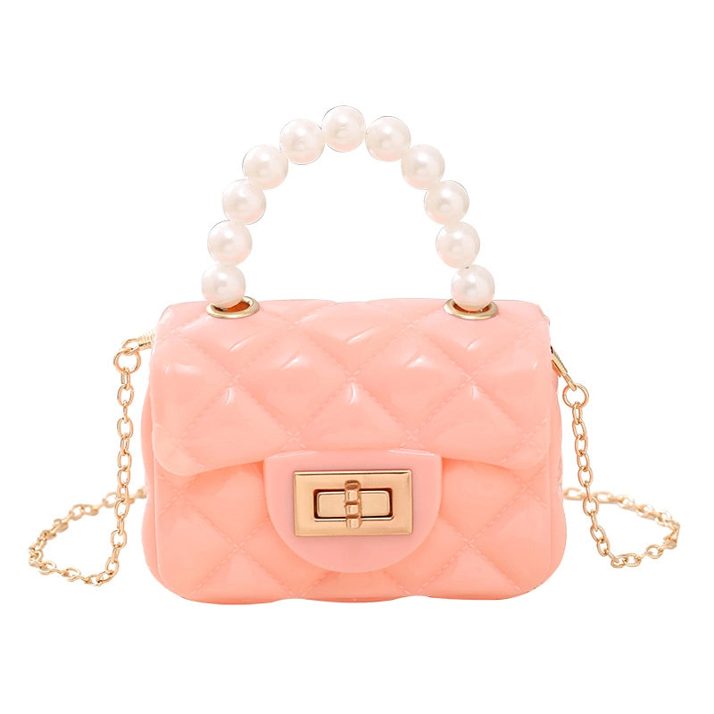 Women's PVC Solid Color Cute Beading Pearls Square Lock Clasp Crossbody Bag