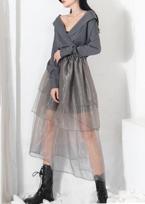 Simple Grey Ruffles Cinched  Skirts Summer