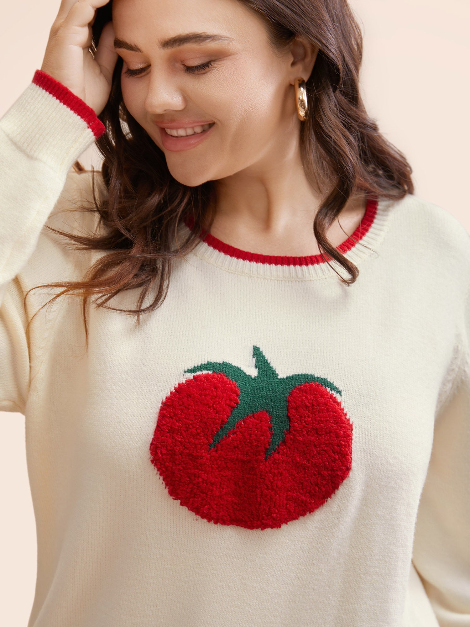 Tomato Pattern Embroidered Contrast Trim Pullover