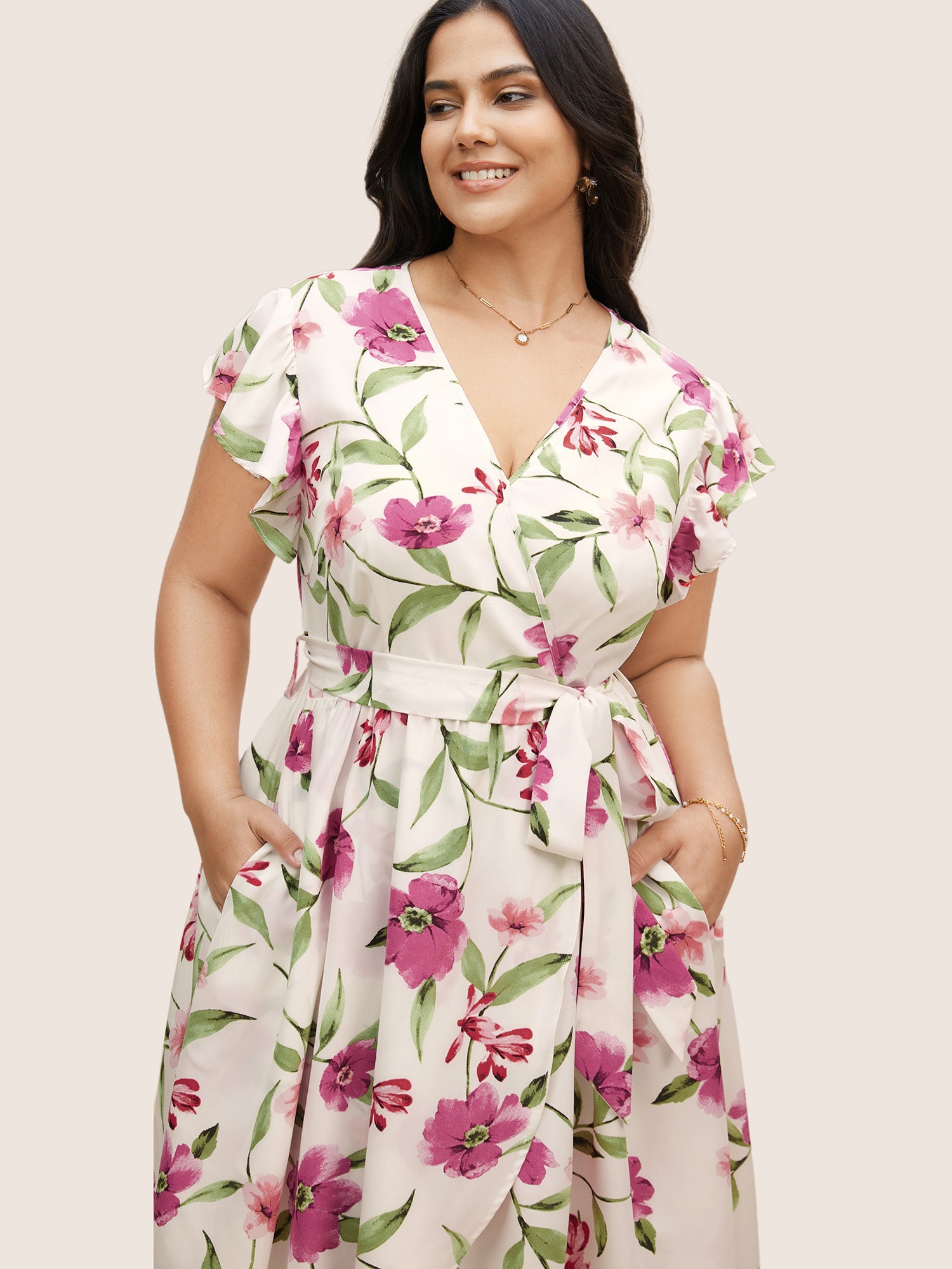 Surplice Neck Floral Ruffle Cap Sleeve Dress