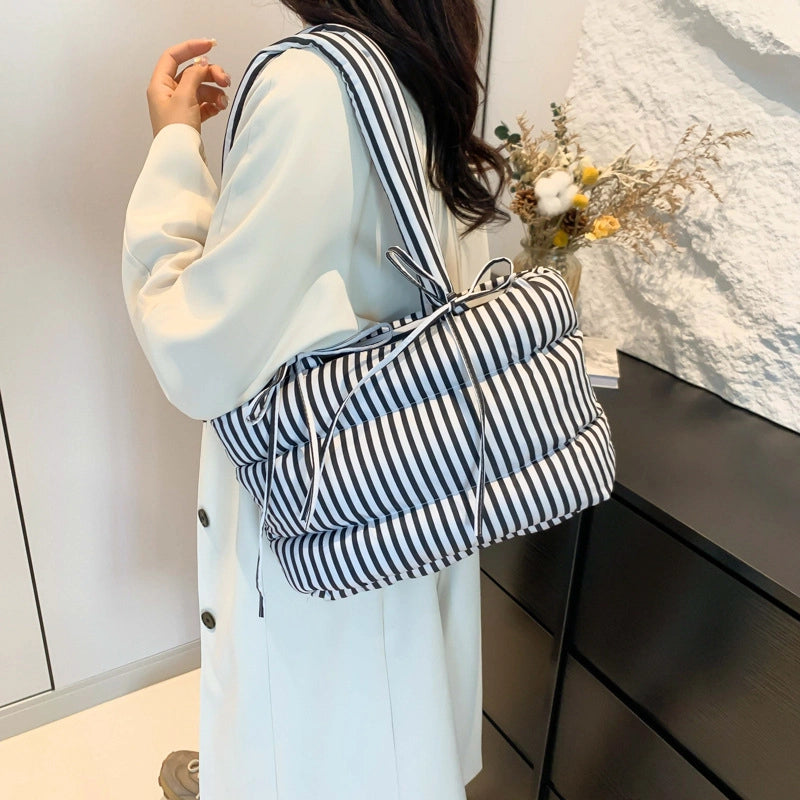 Women's Large Oxford Cloth Stripe Streetwear Square Magnetic Buckle Shoulder Bag