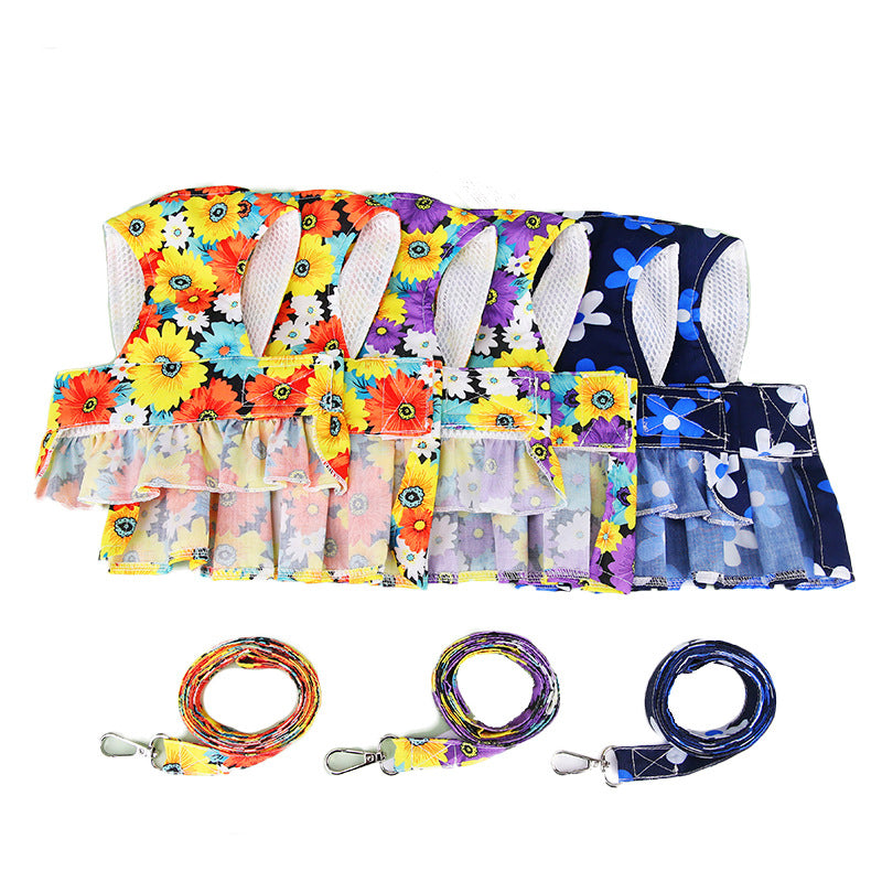 Floral Printed Dog Dress&Vest Harness with Leash