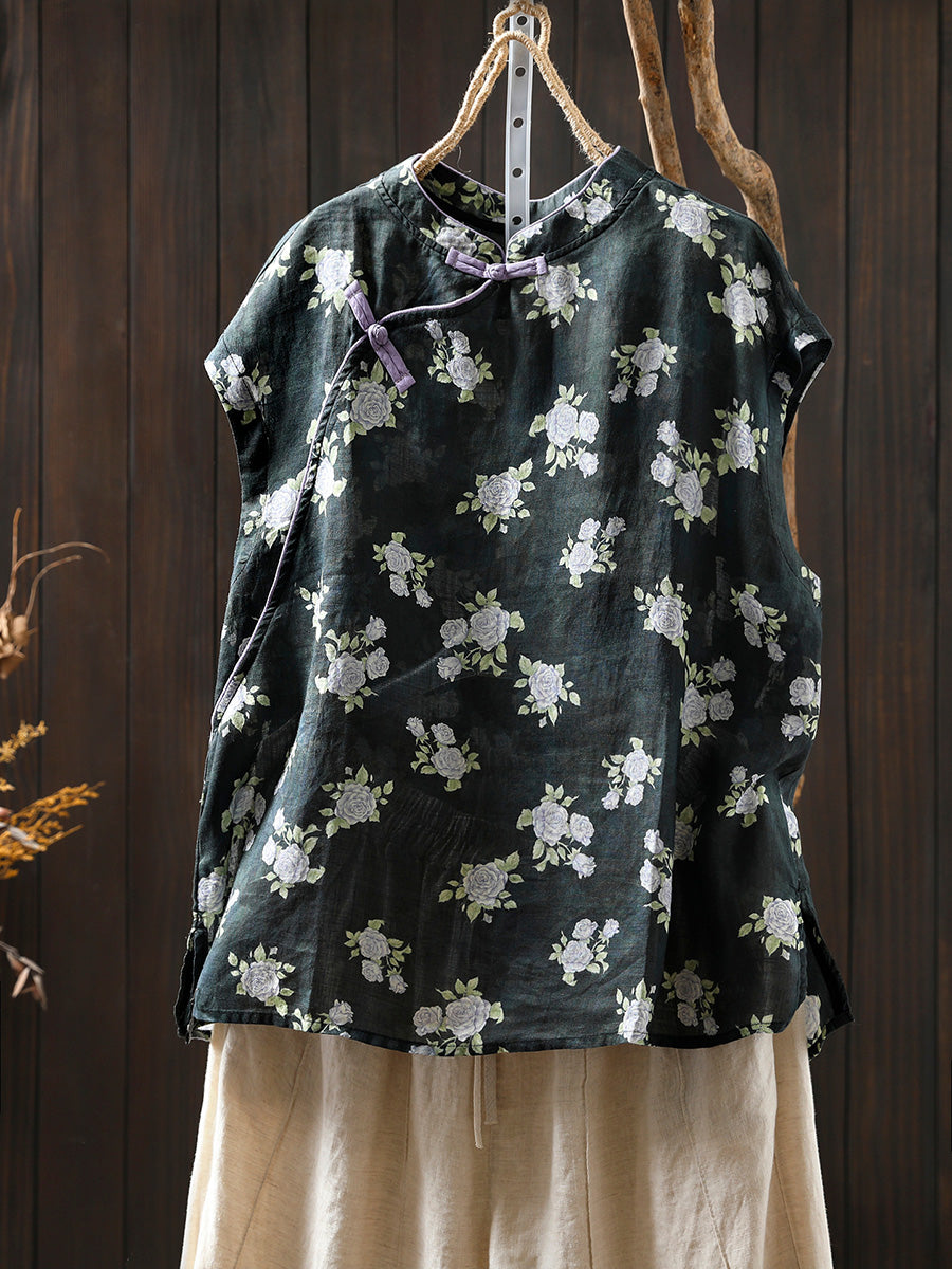 Women Summer Floral 100%Ramie Stand Collar Shirt