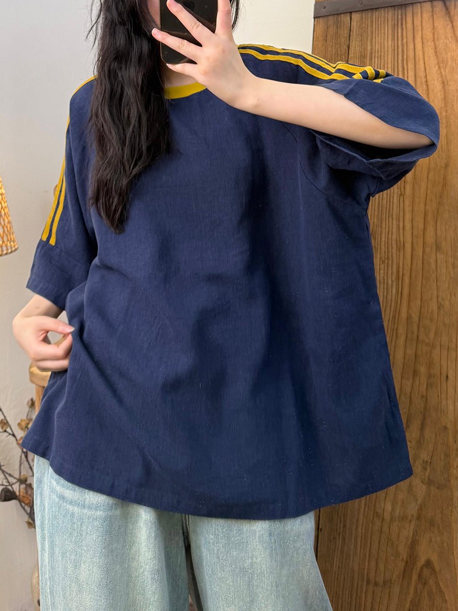 Women Summer Casual Srtipe Spliced O-Neck Linen Shirt