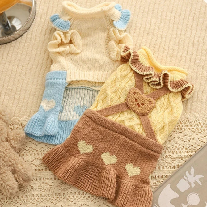 Ruffled Collar Knitted Dog Cat Sweater Dress