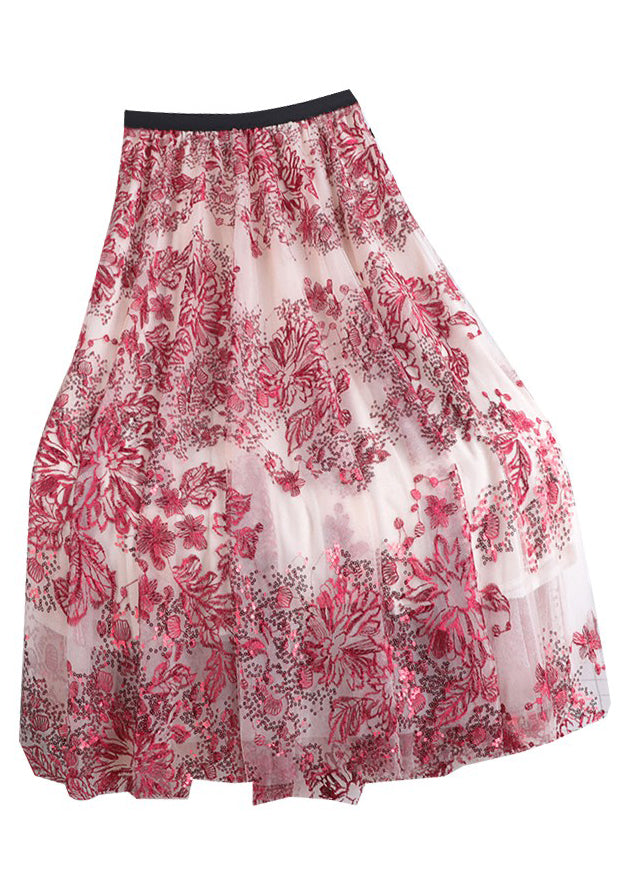 Vogue Red Sequins Embroidered Floral High Waist Tulle Skirt Summer