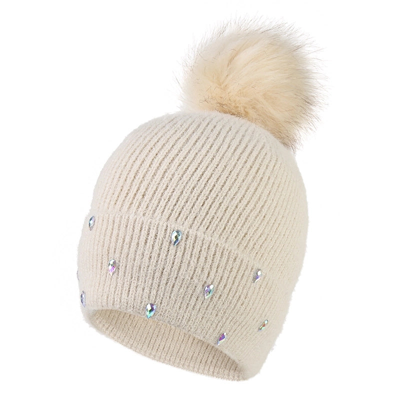 Women's Cute Sweet Solid Color Pom Poms Rhinestone Eaveless Wool Cap