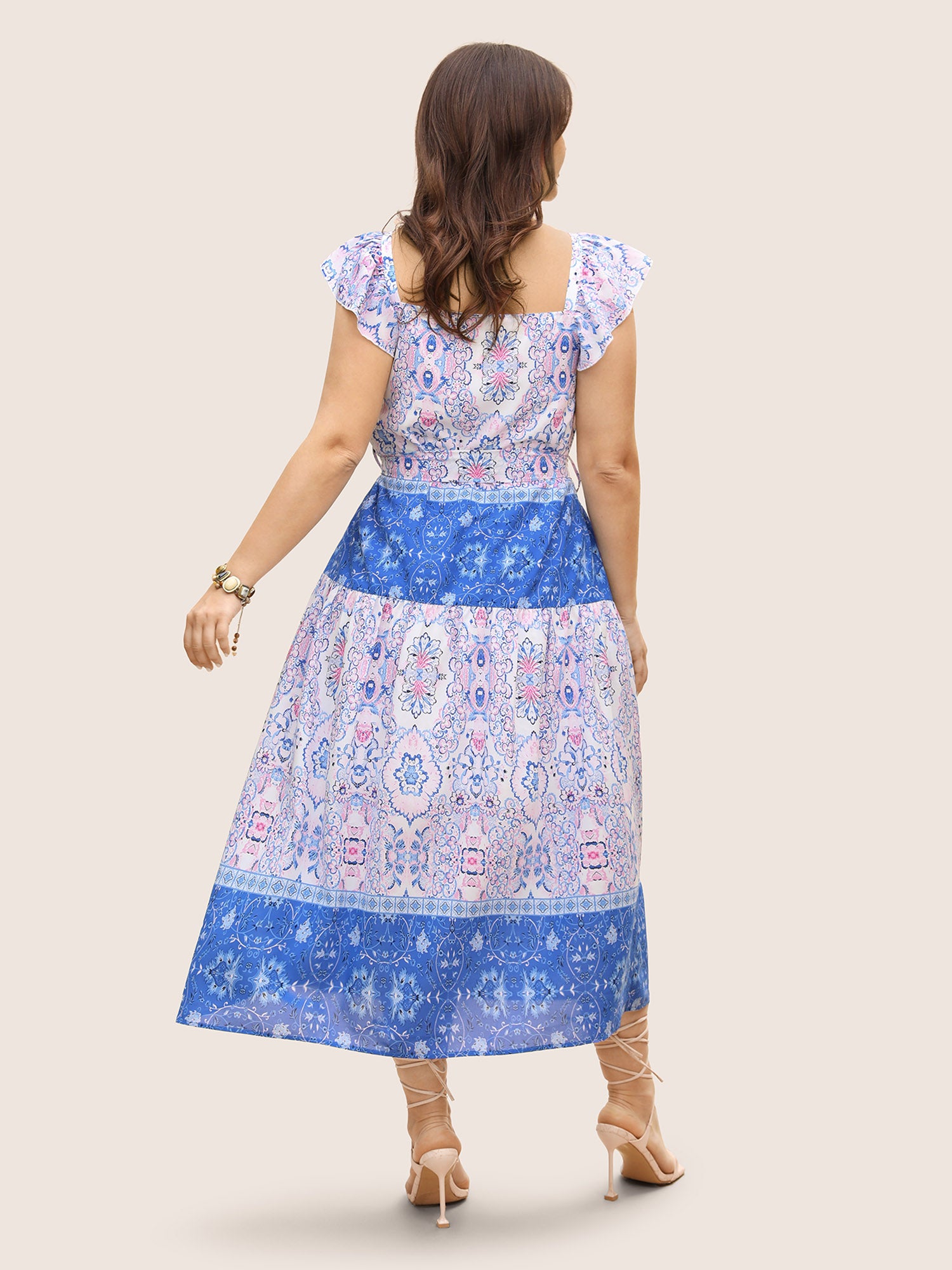 Boho Print Ruffle Sleeve Belted Midi Dress
