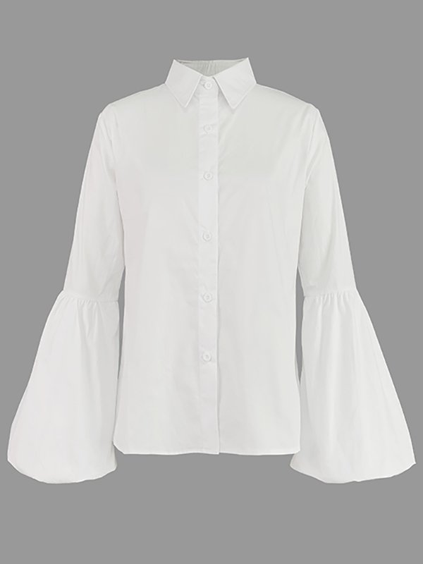 Long Sleeves Loose Buttoned Elasticity Solid Color Split-Joint Stand Collar Blouses&Shirts Tops