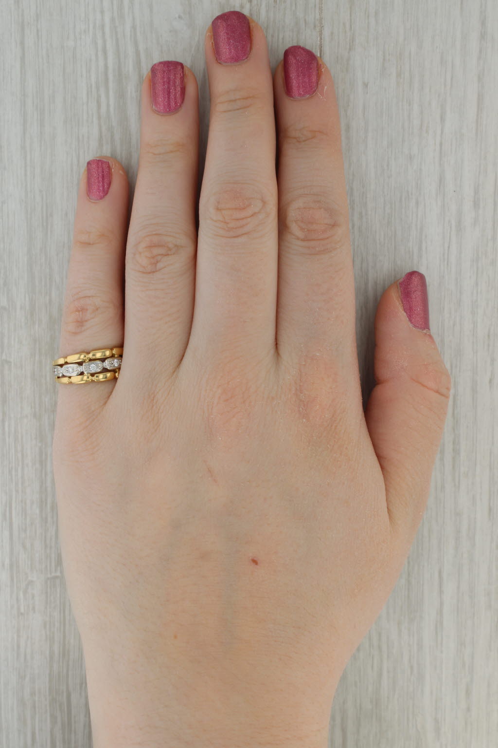 0.12ctw Diamond 2-Toned Band 18k Yellow White Gold Size 7.25 Bamboo Pattern Ring