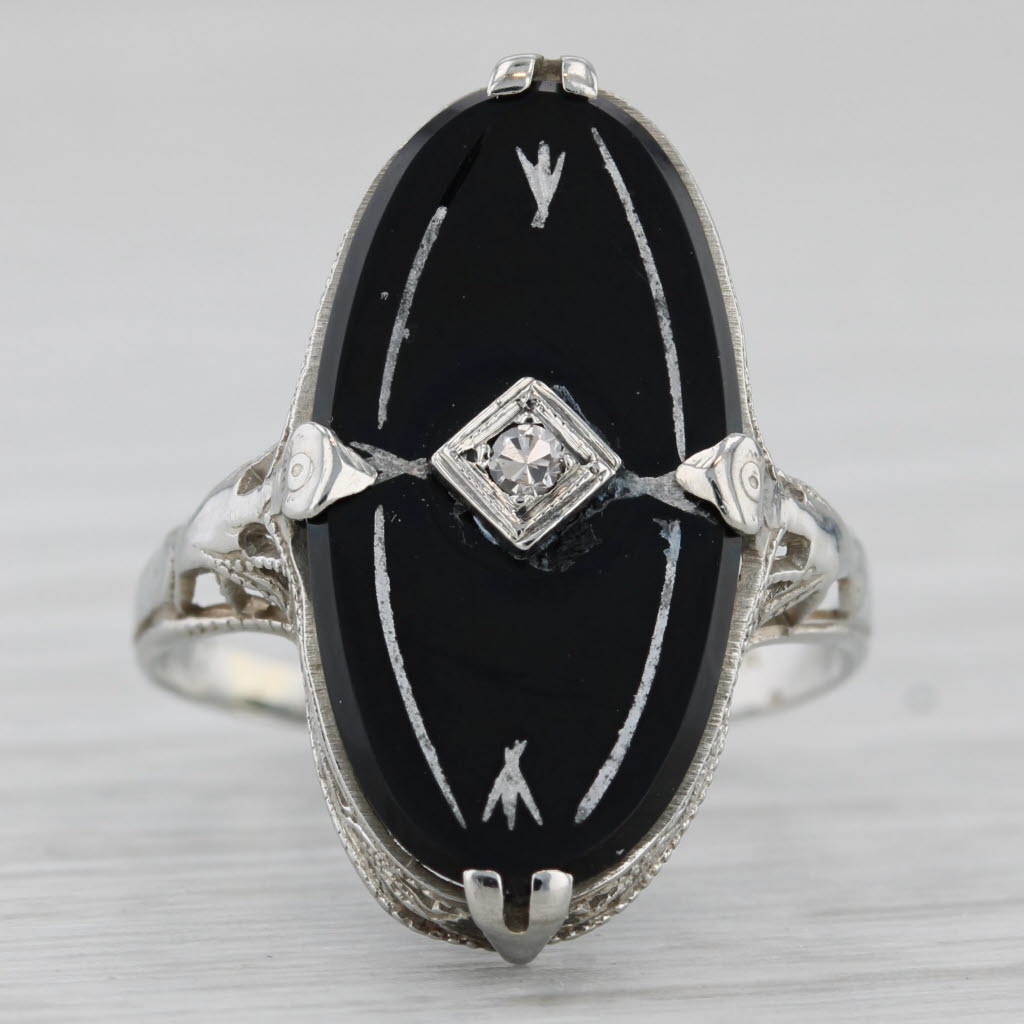 Vintage Onyx Diamond Filigree Ring 14k White Gold Size 5.25