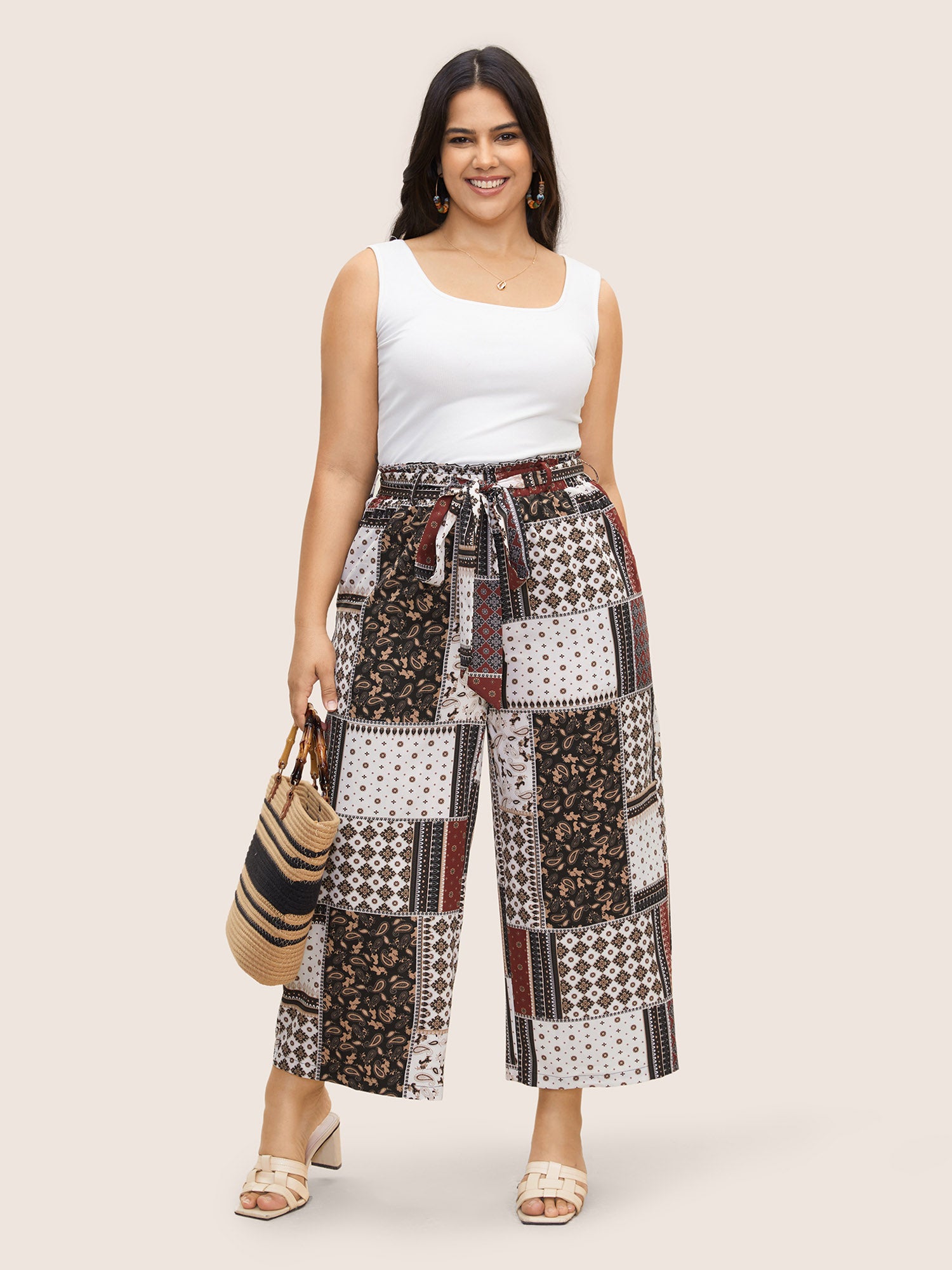 Patchwork Floral Belted Wide Leg Pants