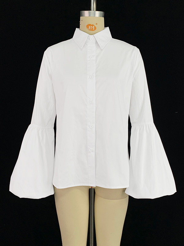 Long Sleeves Loose Buttoned Elasticity Solid Color Split-Joint Stand Collar Blouses&Shirts Tops