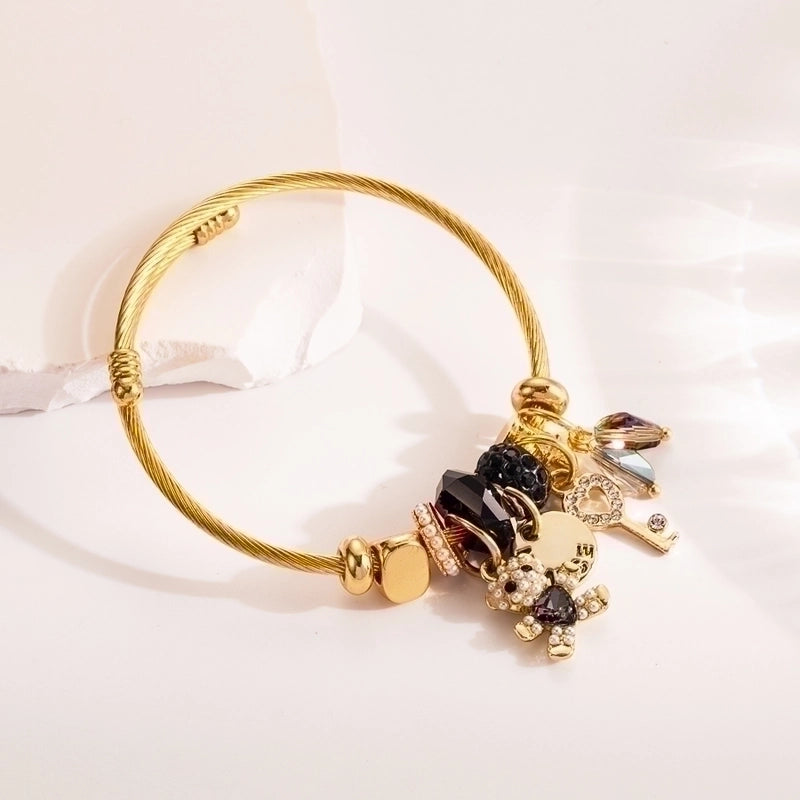 Cute Romantic Sweet Bear Alloy Titanium Steel Plating Inlay Rhinestones Gold Plated Bangle