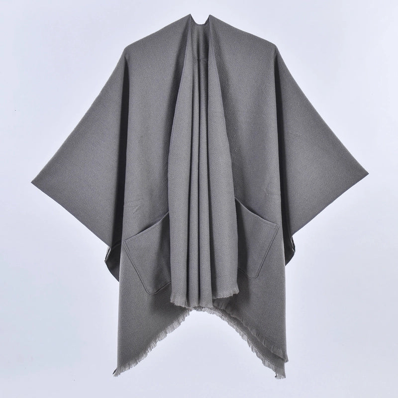 New Women's Autumn And Winter Warm Cloak Simple Double-sided Solid Color Split Cashmere Outerwear Shawl