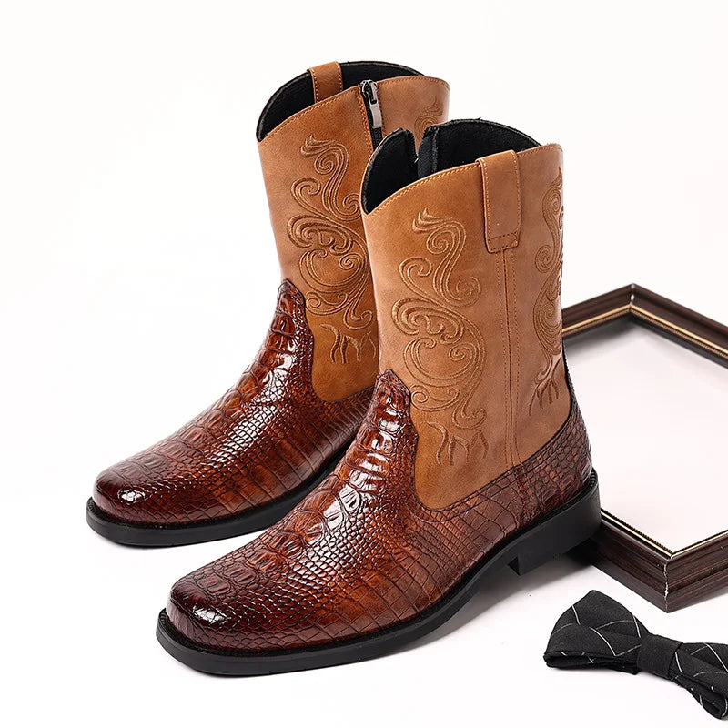 Men's British Style Embroidered Mid-Calf Riding Boots - Leather Look