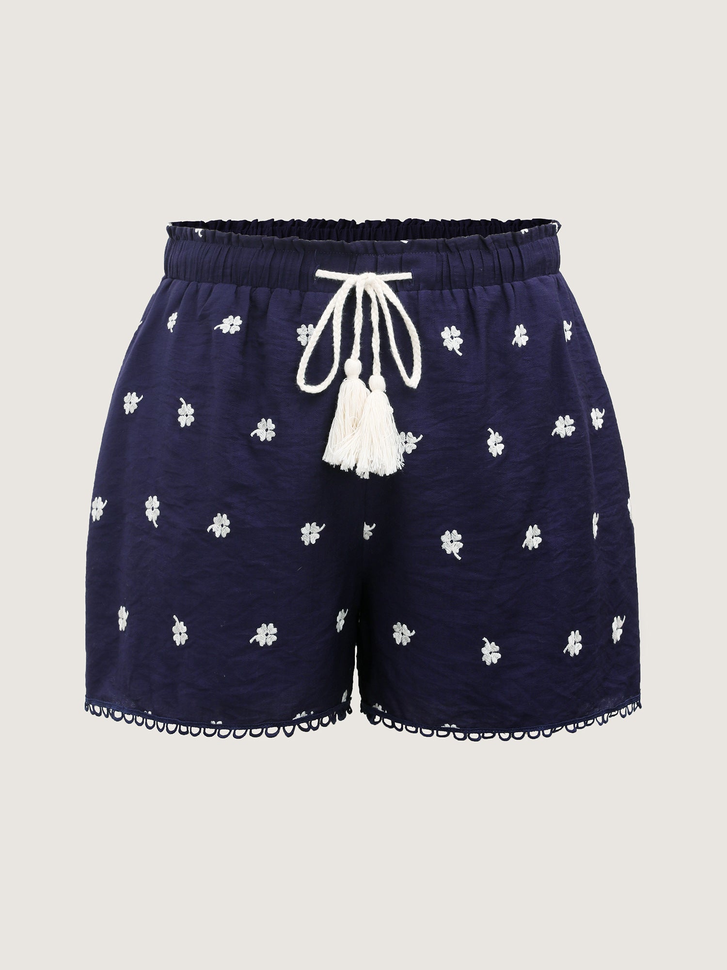 Floral Embroidered Drawstring Wide Leg Shorts