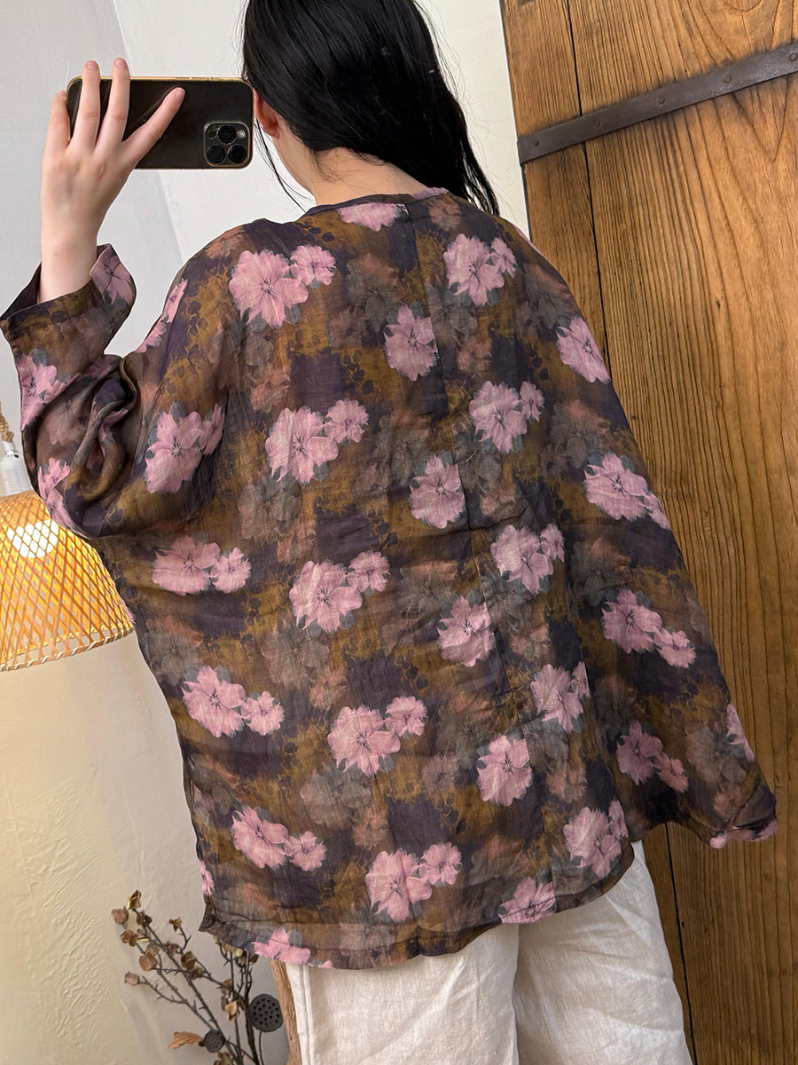 Women Summer Artsy Flower Ramie V-Neck Shirt