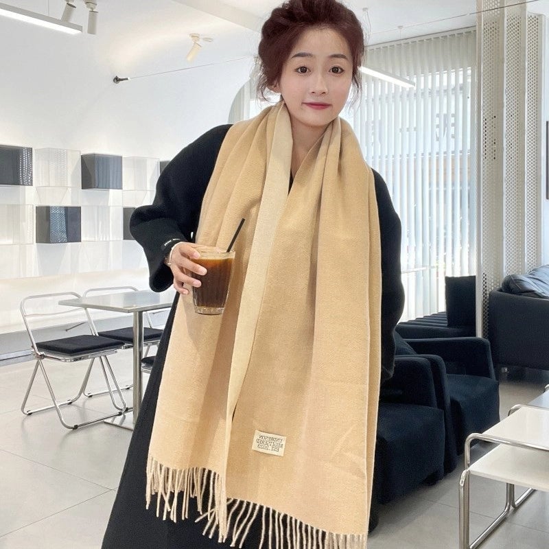 Solid Color Double-sided Tassel Scarf For Women Autumn And Winter New Warm Cashmere-like Scarf Thickened Student Shawl