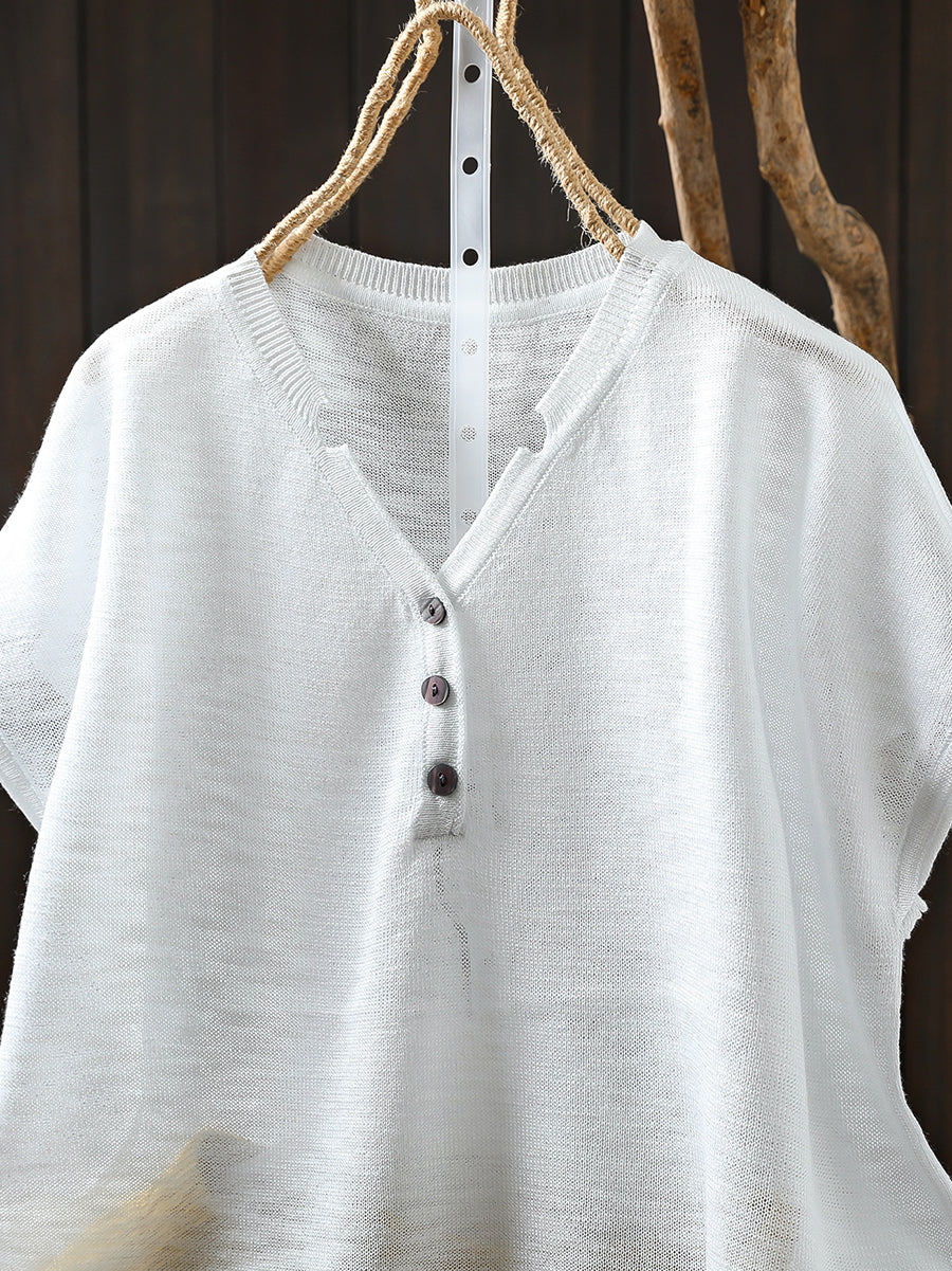 Women Summer Casual Pure Color Knitted V-Neck Shirt