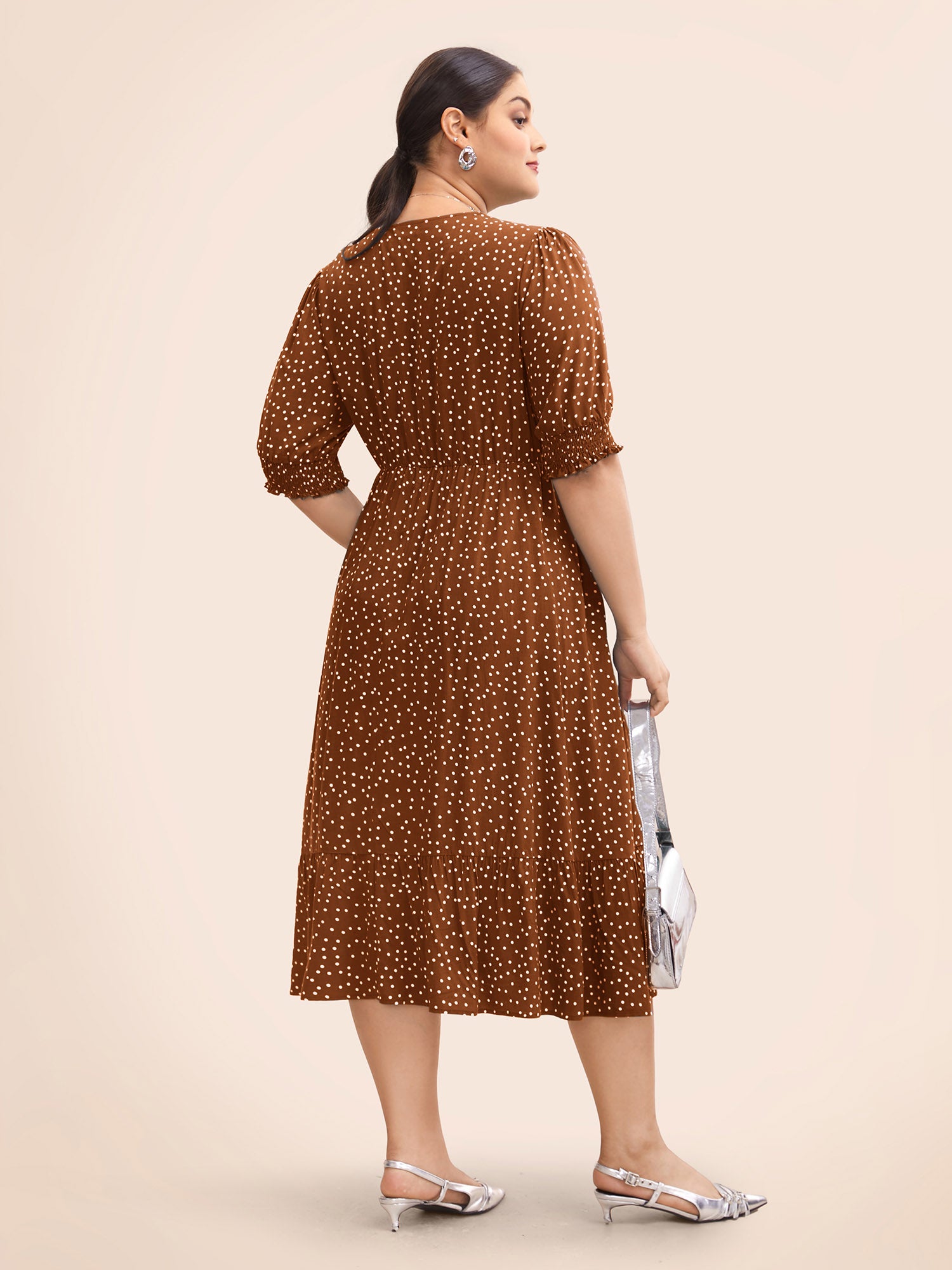 Polka Dot Shirred Pocket Flutter Hem Dress