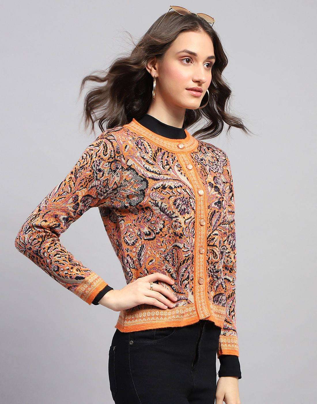 Women Orange Self Design Round Neck Full Sleeve Cardigan