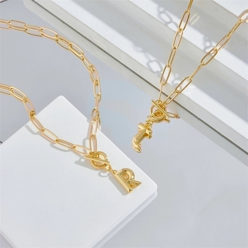 Copper 14K Gold Plated Fashion Plating Letter Pendant Necklace