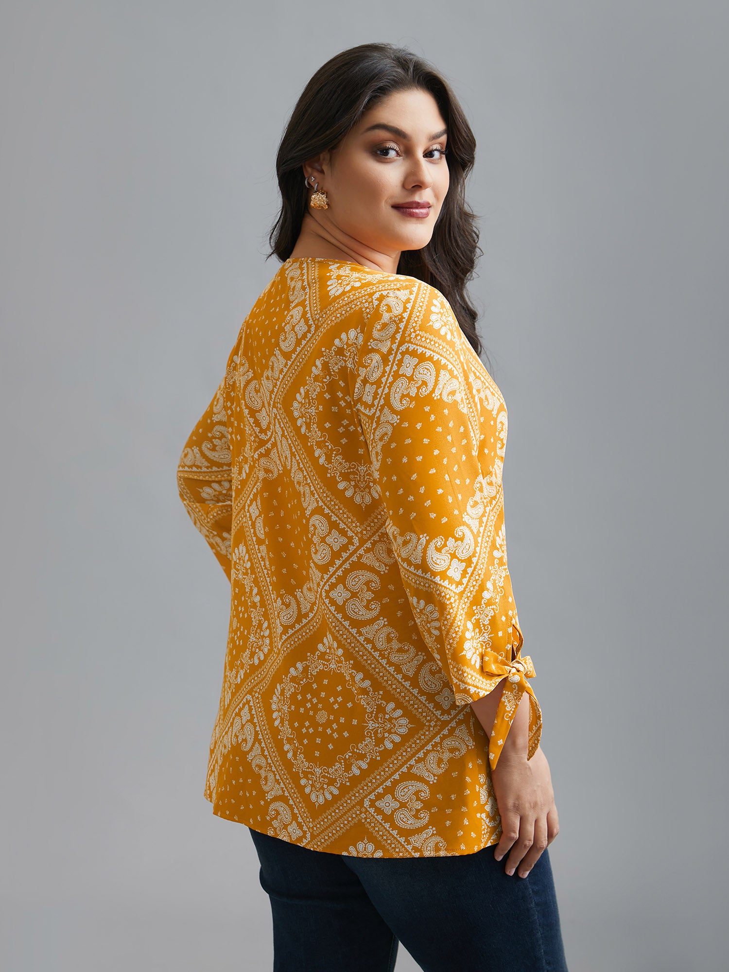 Round Neck Bandana Print Sleeve Tie Blouse