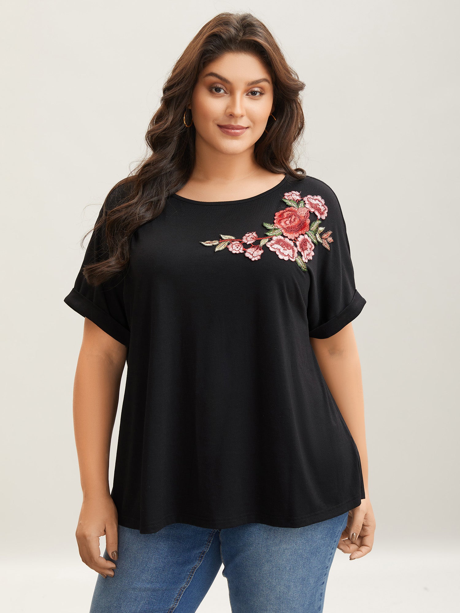 Floral Detail Stretchy Knit Plain Top