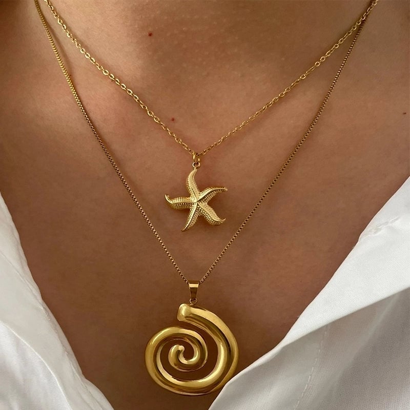 Marine Style Starfish Conch Shell 316L Stainless Steel  18K Gold Plated Pendant Necklace