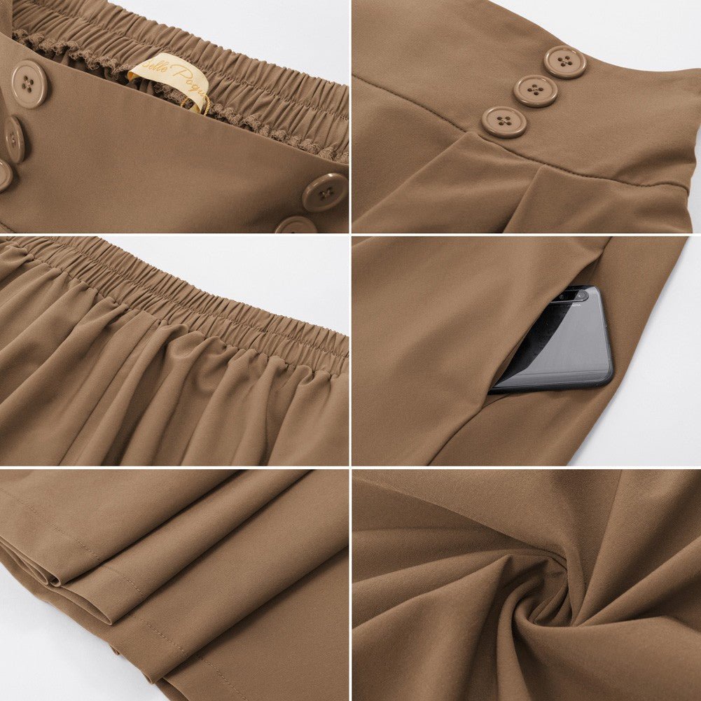 Leaf Patterns Pleated Buttons Decorated Elastic Waist High Waist Swing A-Line Skirt with Pockets