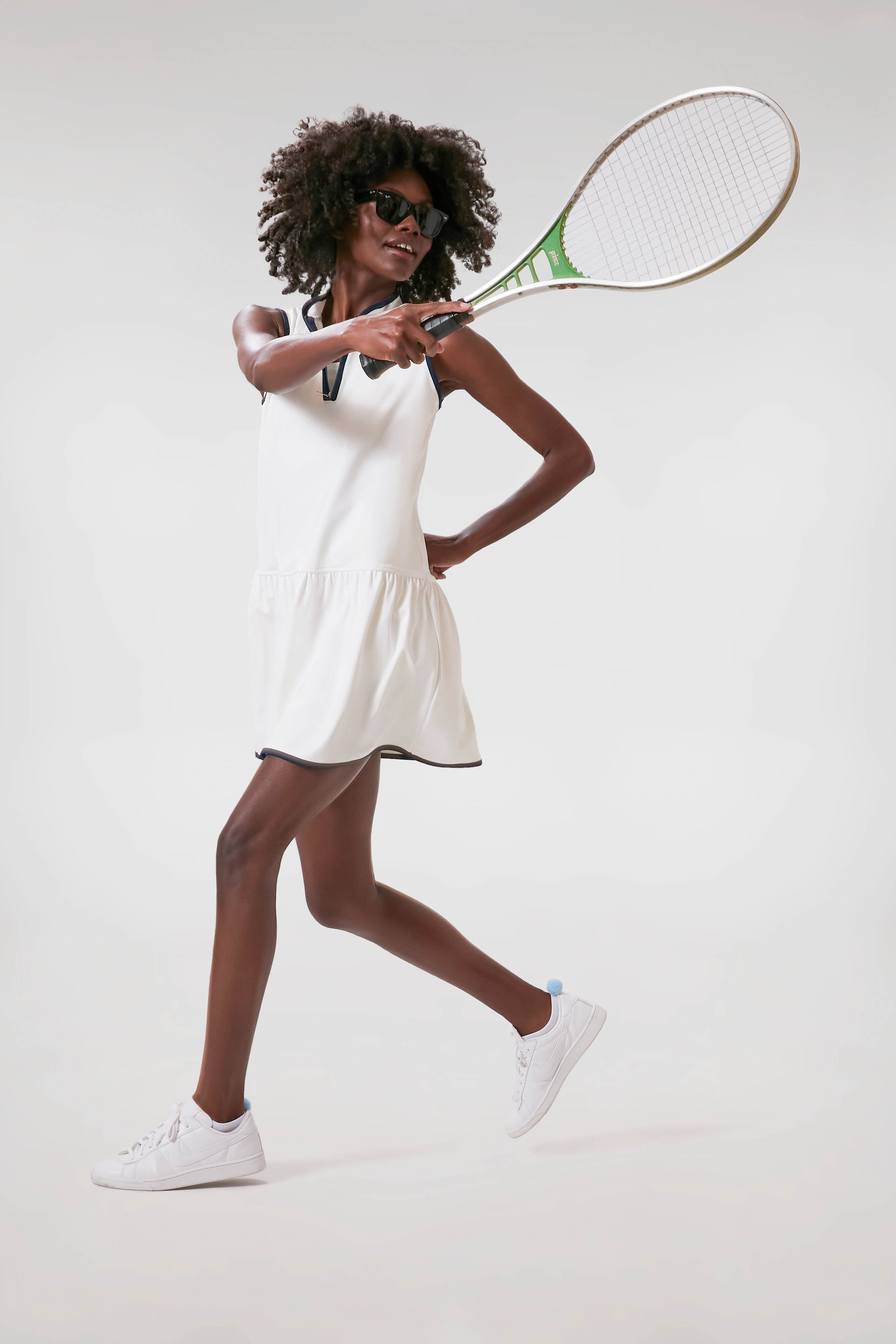 White and Navy Quarter-Zip Tennis Dress