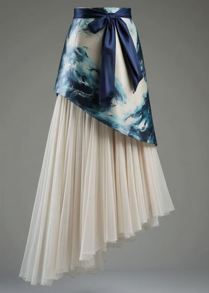 French Blue Asymmetrical Lace Up Tulle Patchwork Skirts Summer