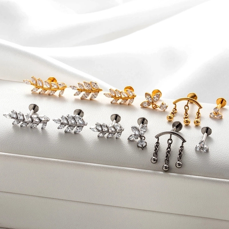 1 Piece Ear Cartilage Rings & Studs Minimalist Classic Style Leaves Chain Pure Titanium Inlay Zircon Ear Cartilage Rings & Studs