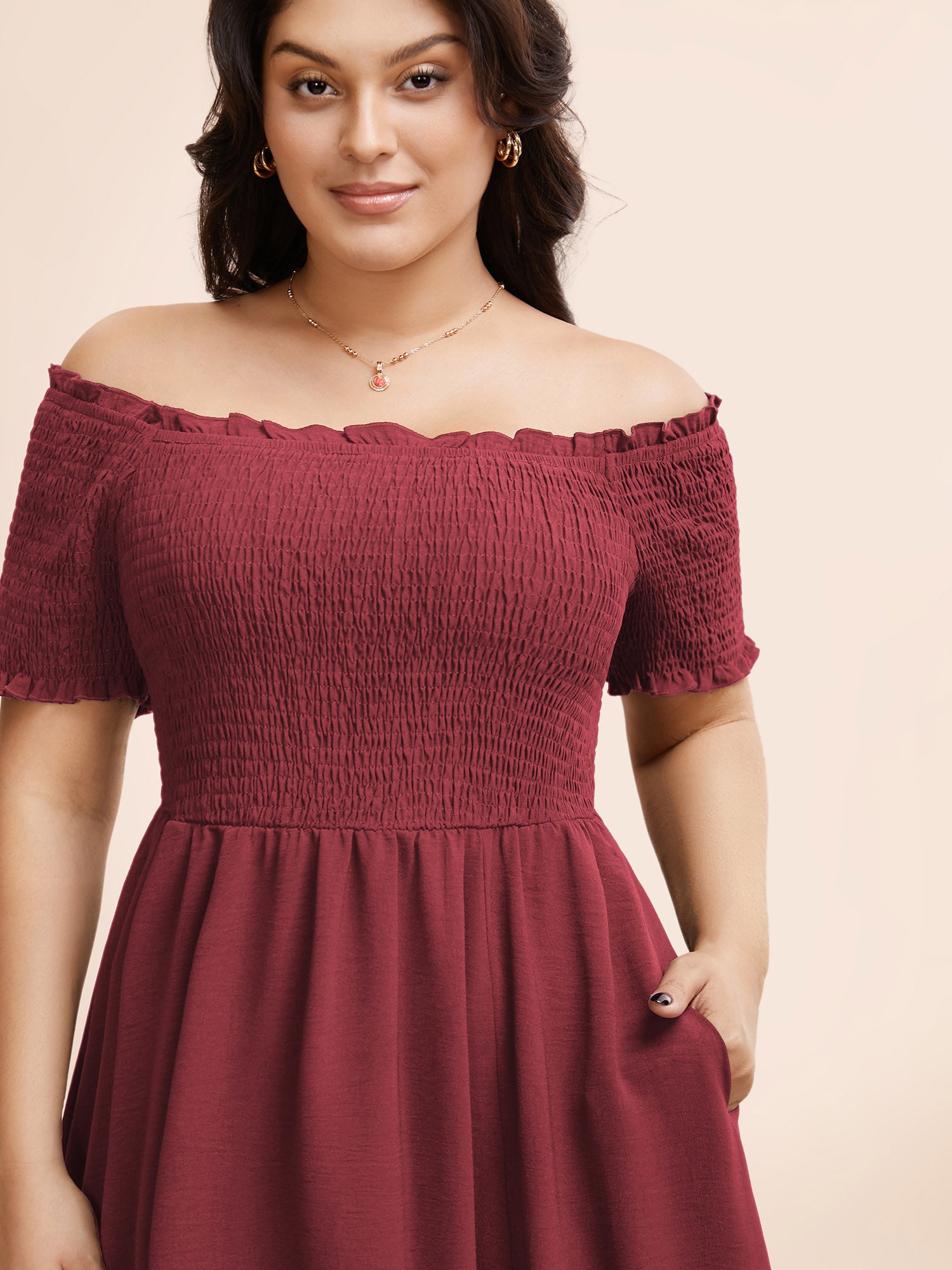 Off Shoulder Shirred Lace Patchwork Dress