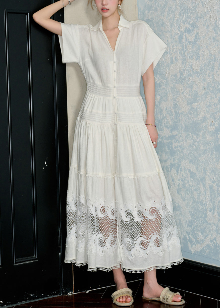 French White Peter Pan Collar Hollow Out Cotton Shirts Dress Summer