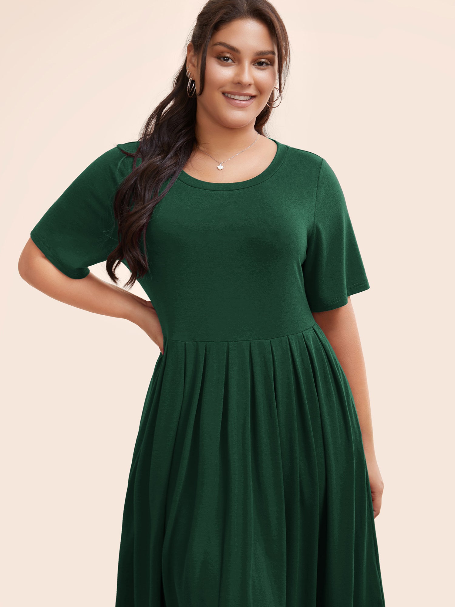 Supersoft Essentials Solid Pleated Round Neck Midi Dress